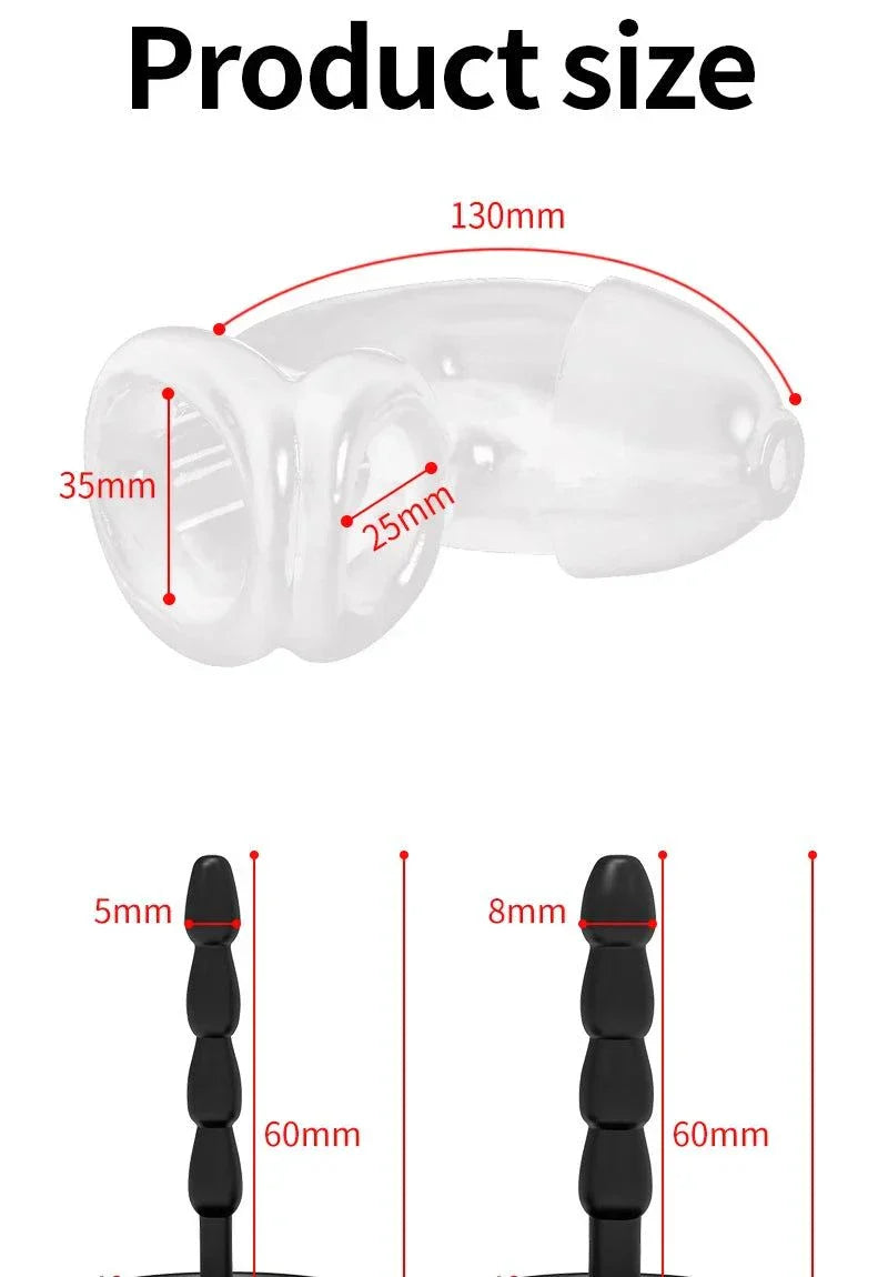 Electric Shock Penis Plug with chastity cage and urethral dilator measuring 130mm x 35mm and plug sizes 5mm and 8mm for electro stimulation and control.