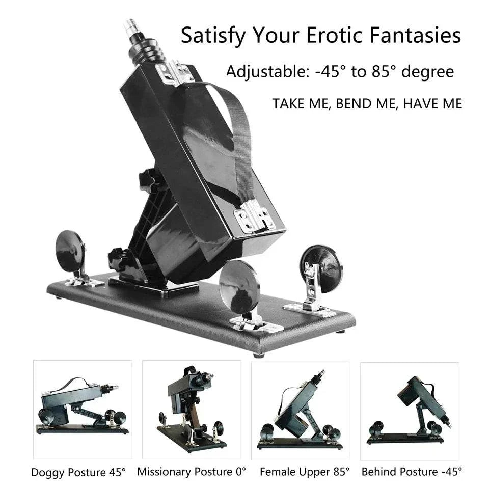Automatic Sex Machine adjustable thrust gun with remote and app control showing multiple positions and angles