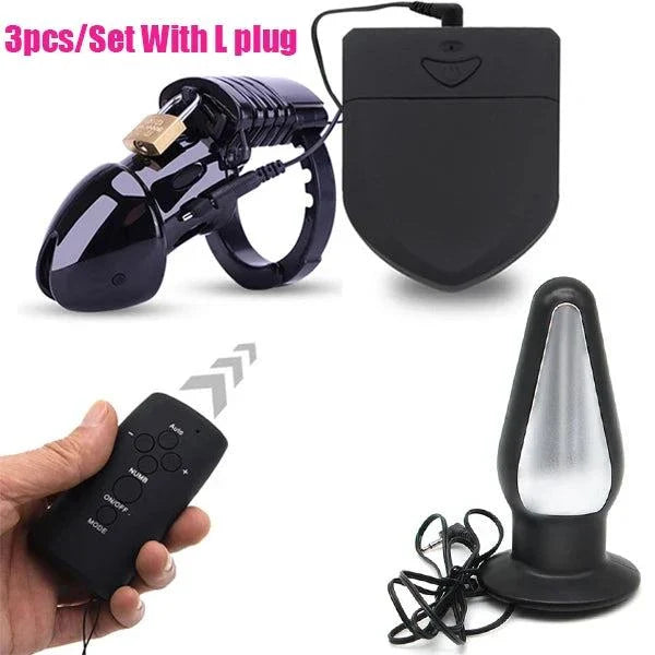 Wireless remote electric shock male chastity cage with ball stretcher and anal plug BDSM sex toy set