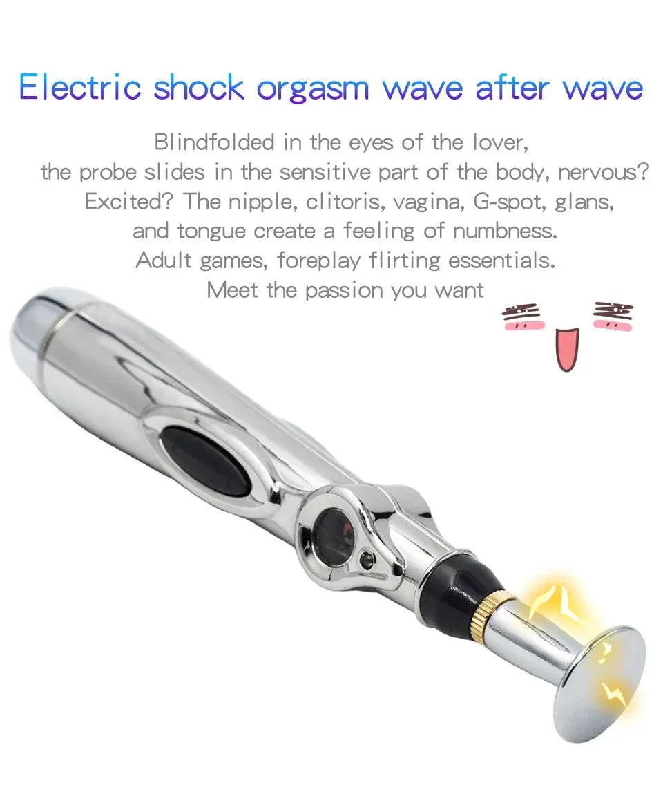 Electric Shock Wand e-stim acupuncture pen for body and erogenous zone stimulation with adjustable intensity and interchangeable heads