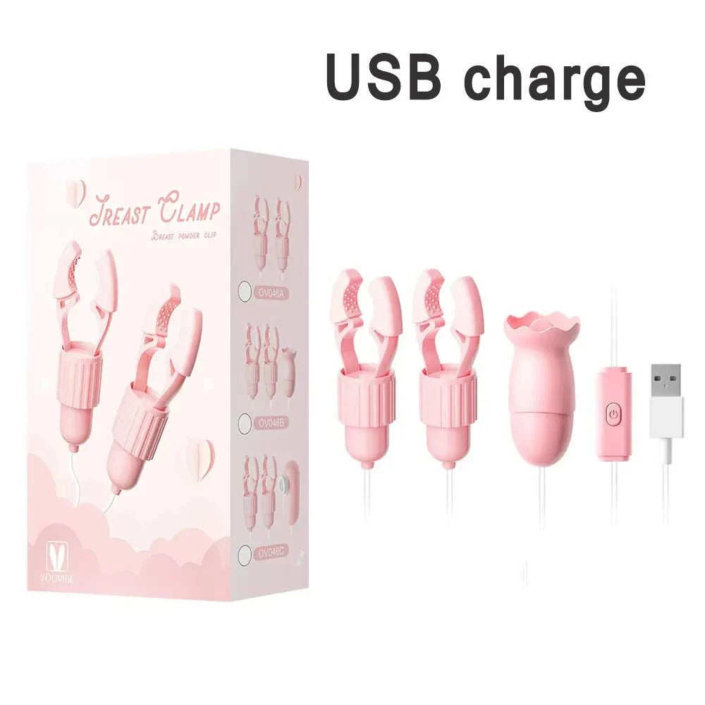 Pink nipple clamps vibrator with USB charging and clit stimulator accessories