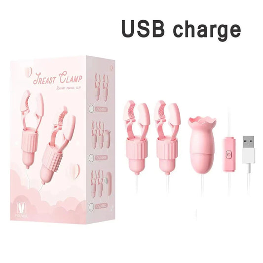 Pink nipple clamps vibrator with USB charging and clit stimulator accessories