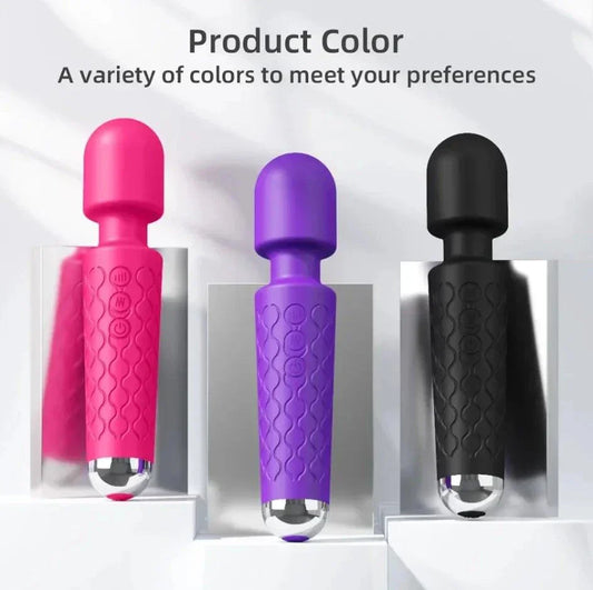 20-speed powerful AV vibrator in pink, purple, and black colors for G-spot, clitoral, and nipple stimulation