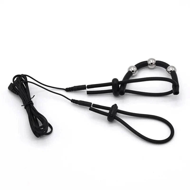Varied Electro-Shock Penis Ring with adjustable silicone loops and metal beads for electro-stim play and prostate/urethra stimulation