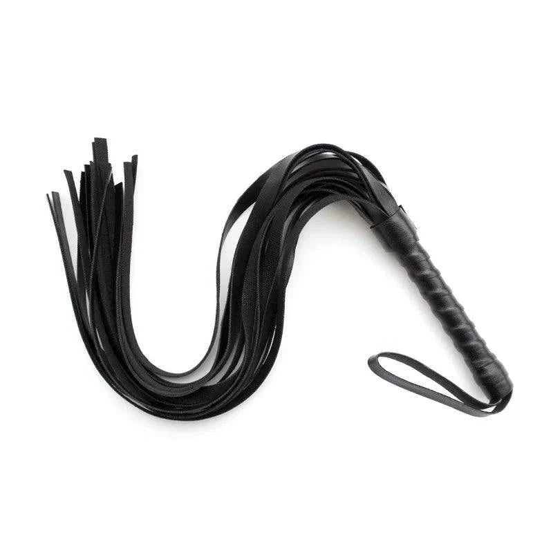Black leather flogger whip with wrapped handle and wrist strap for sensory play and BDSM restraint kit