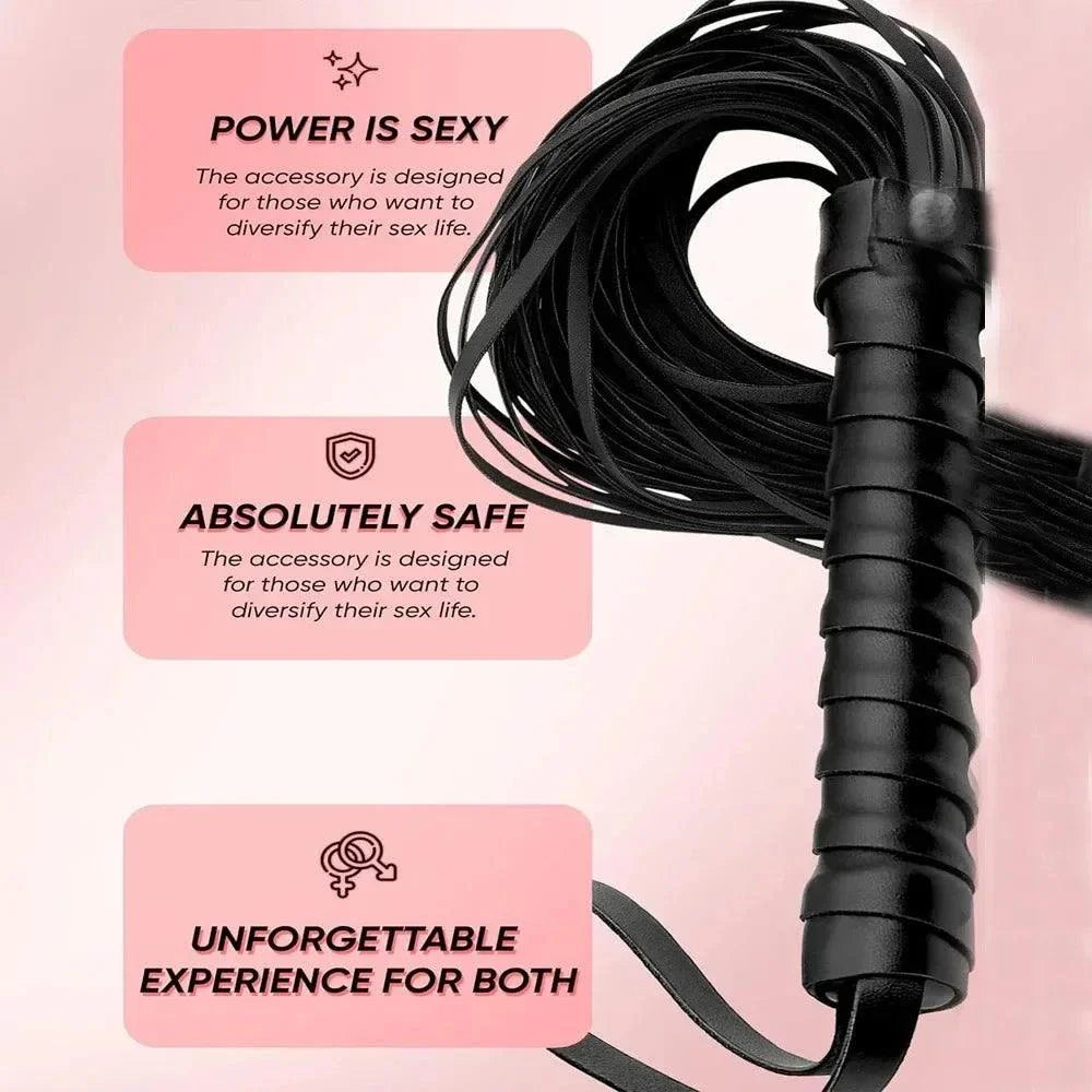 Sleek black faux leather whip riding crop for BDSM impact play with durable handle