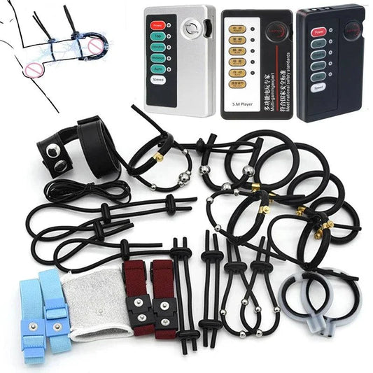 Varied Electro-Shock Penis Ring set with electro-stim cock rings and prostate urethra stimulators and control units