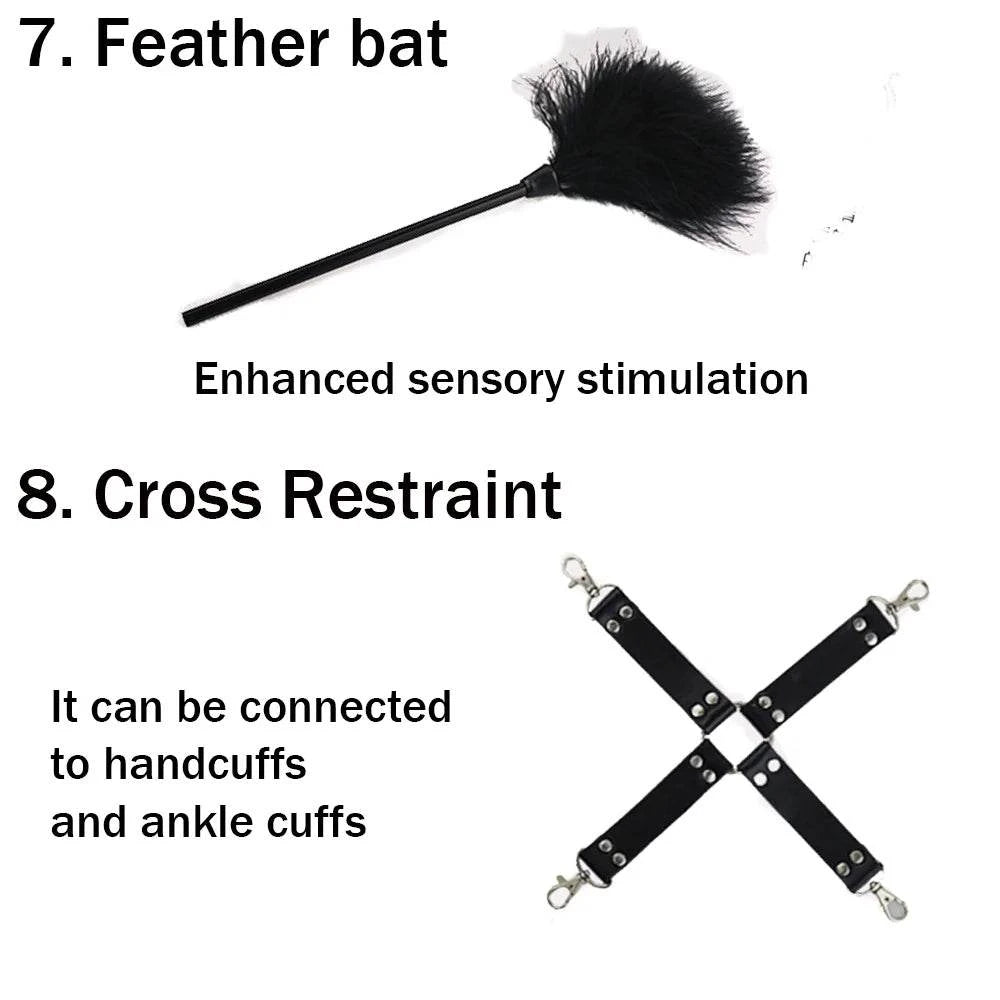 10-Piece BDSM Bondage Restraint Kit — Cuffs, Collar, Whip, Ball Gag & Rope