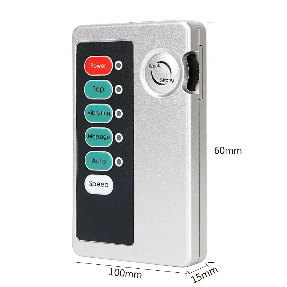 Varied Electro-Shock Penis Ring remote control with power and mode buttons for electro-stim stimulation