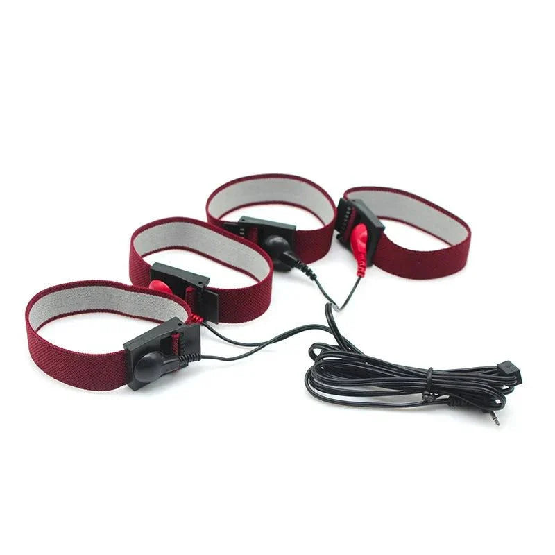 Varied Electro-Shock Penis Ring with red straps and electro-stim connectors for prostate and urethra stimulation