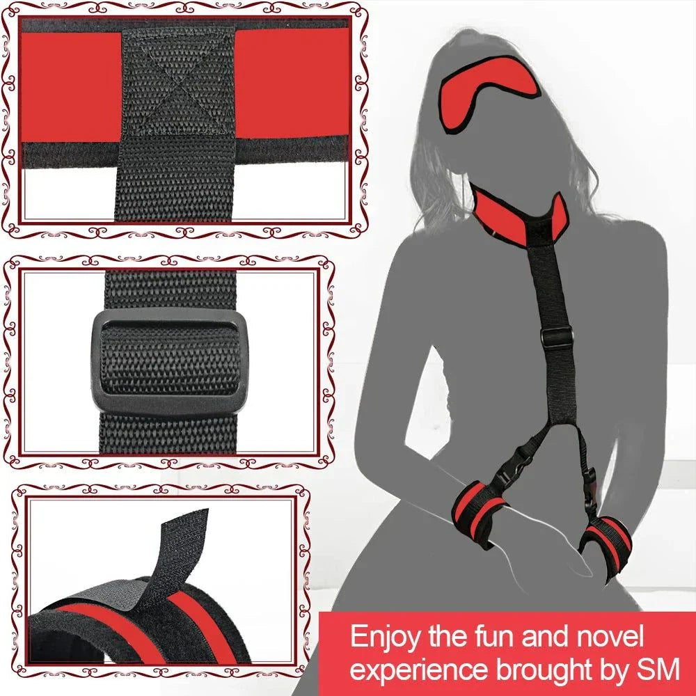 Couples BDSM bondage set with mask, feather tickler, handcuffs, and ankle restraints for intimate roleplay and bondage games