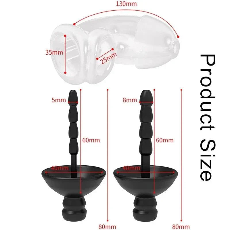 Electric Shock Penis Plug with chastity cage and urethral dilator detailed dimensions