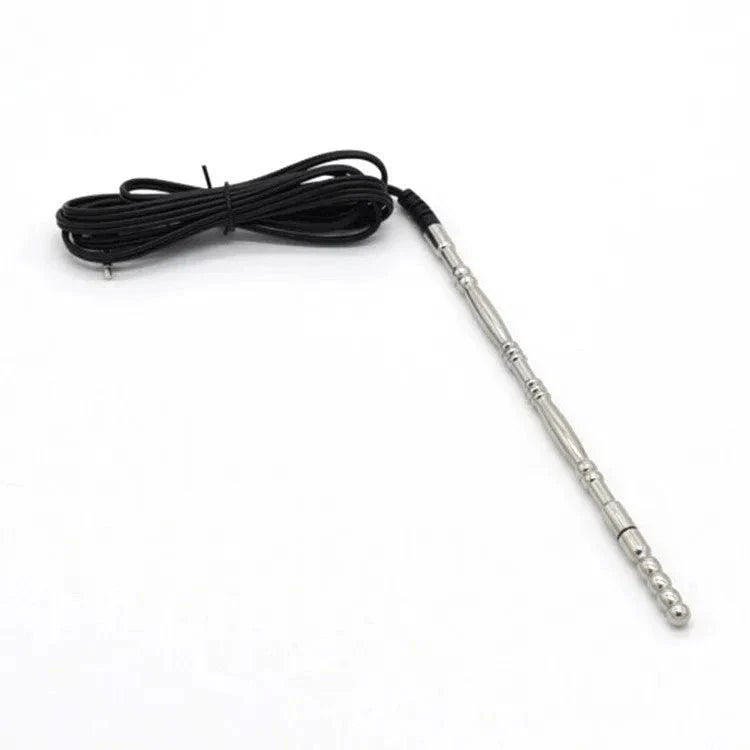 Varied Electro-Shock Penis Ring with stainless steel urethra stimulator and black connecting wire for electro-stim play