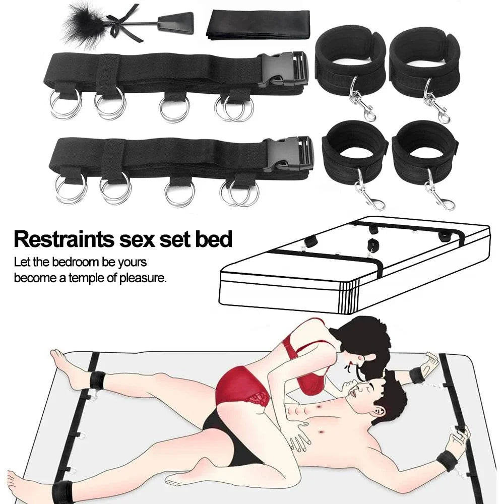 Couples BDSM Bondage Set with mask, feather tickler, handcuffs, ankle restraints, and bed straps for intimate play