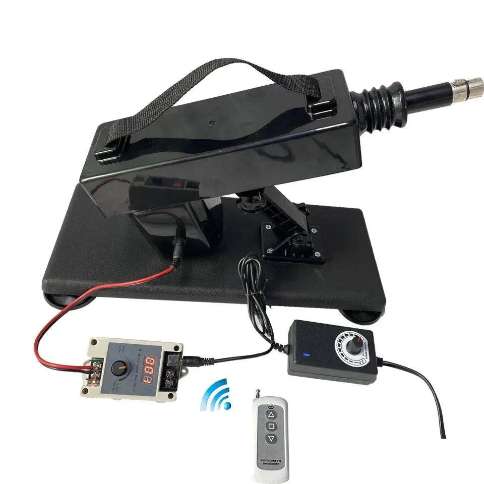 Automatic sex machine with adjustable thrust, remote and app control, multiple mounts and attachments.