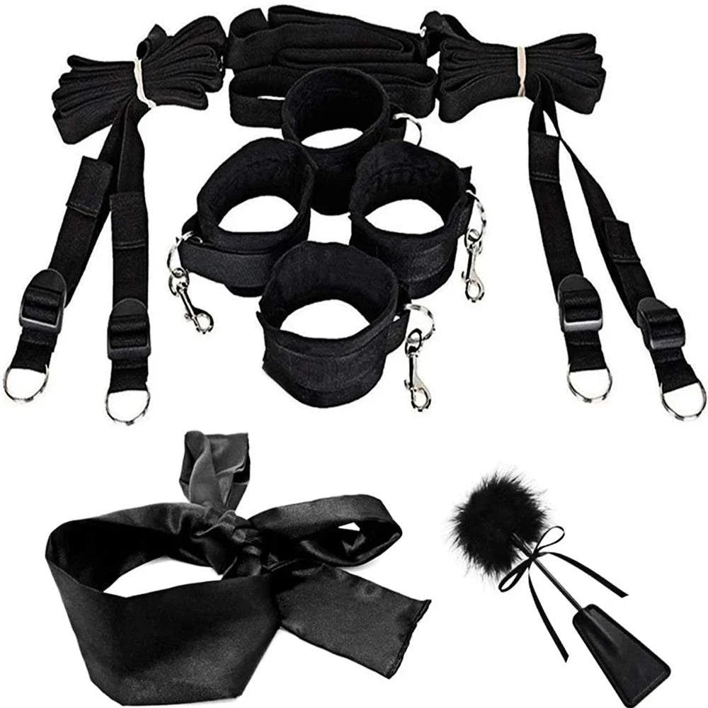 Couples BDSM Bondage Set with mask, feather tickler, handcuffs, and ankle restraints for intimate play