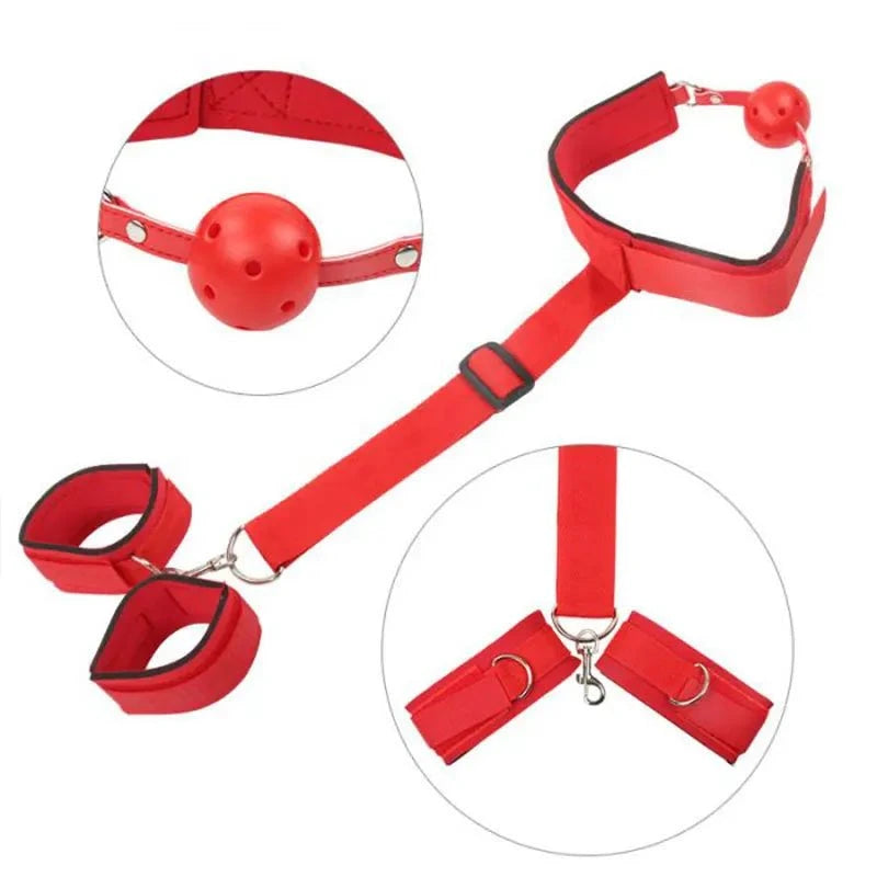 All-in-One 18-Piece Bondage & Strap-On Kit with adjustable harness, red hand and leg restraints, and ball gag for BDSM play