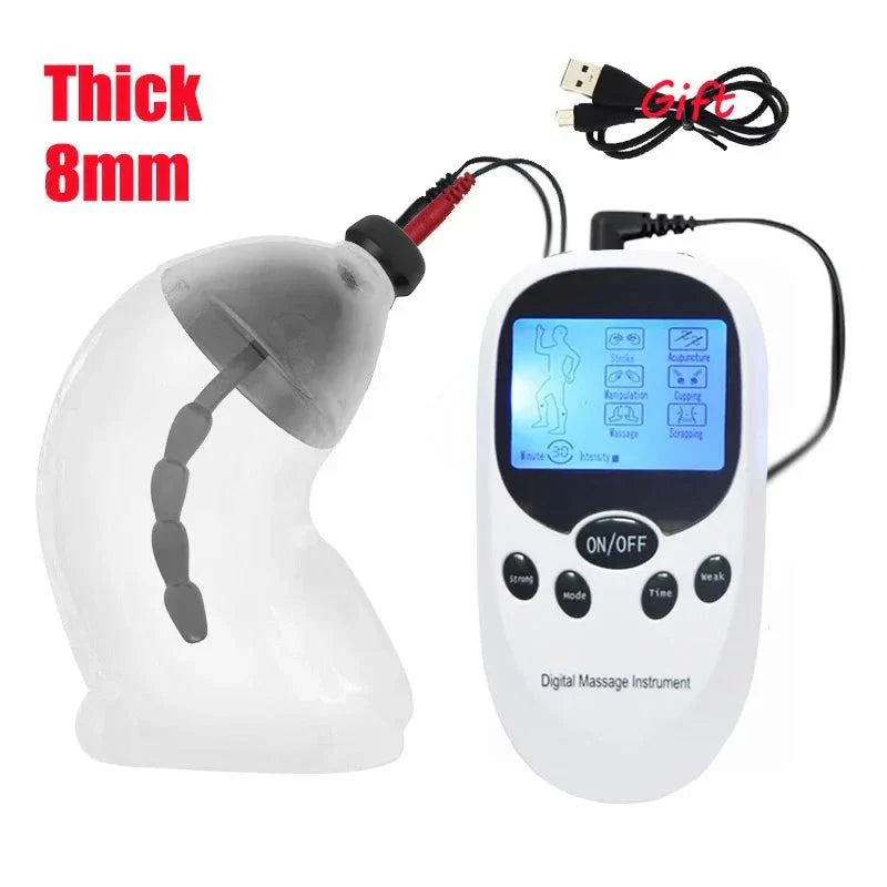 Electric shock penis plug with chastity cage, urethral dilator, and digital stimulator device with USB cable