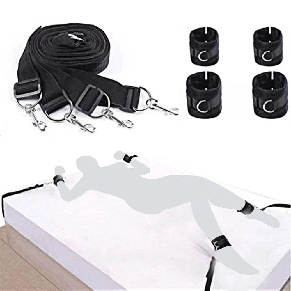 Couples BDSM bondage set with adjustable straps and wrist and ankle cuffs for bed restraint play