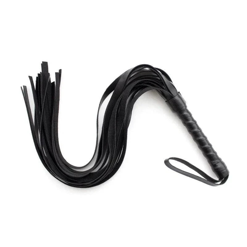 Black leather flogger whip with multiple tails and wrapped handle for sensory bondage play