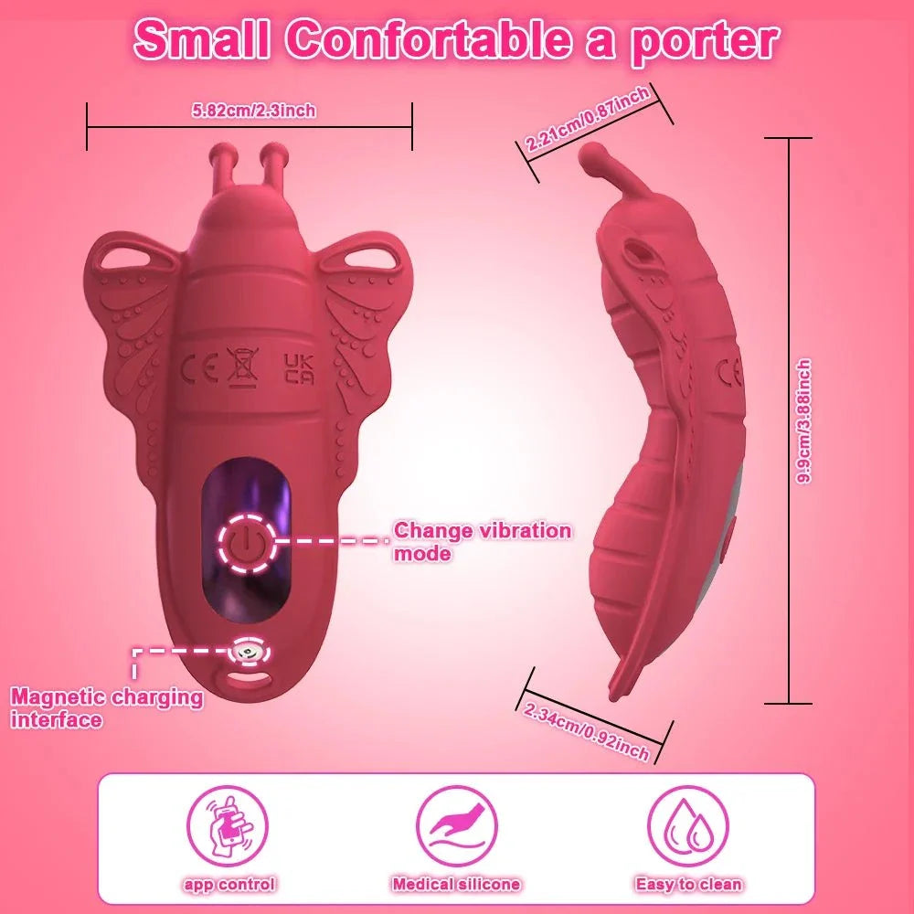 Wireless app wearable panty vibrator with clitoral stimulator and penis ring set in red silicone, showing dimensions and features.