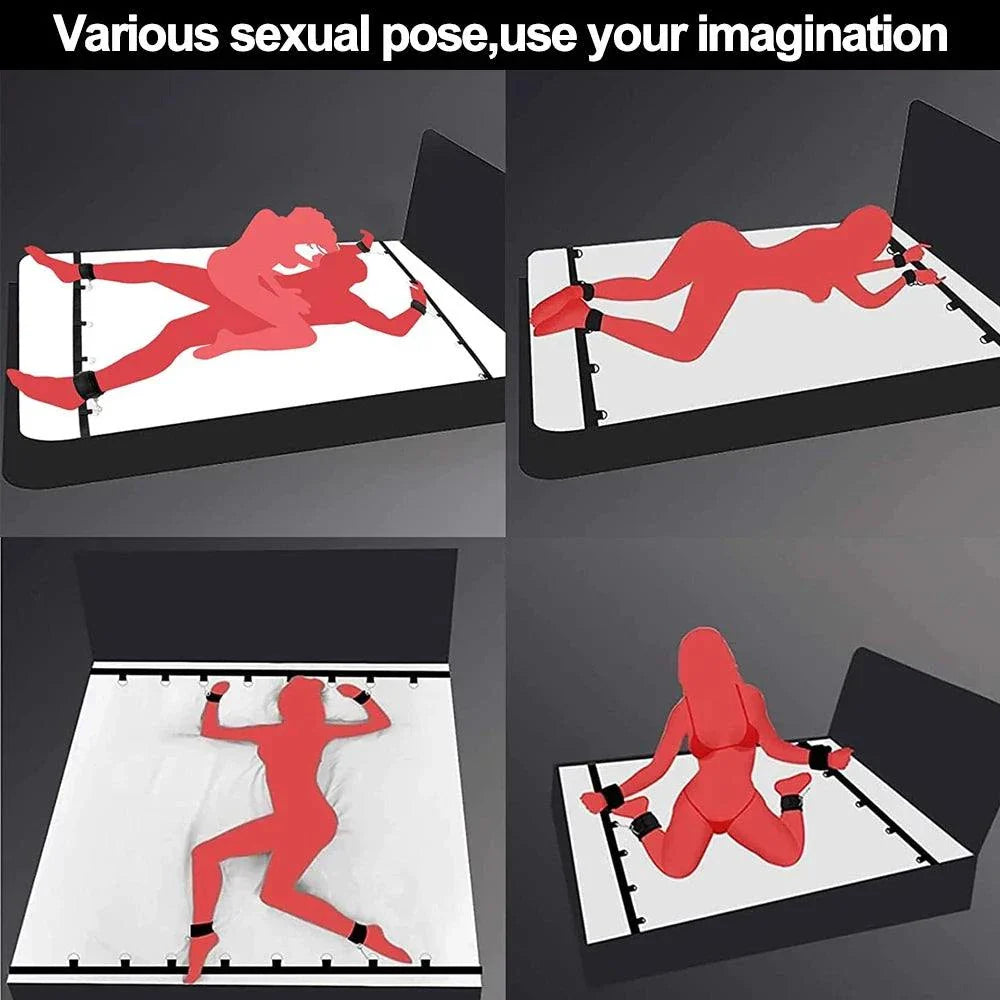Couples BDSM Bondage Set with mask, feather tickler, handcuffs, and ankle restraints in various sexual poses