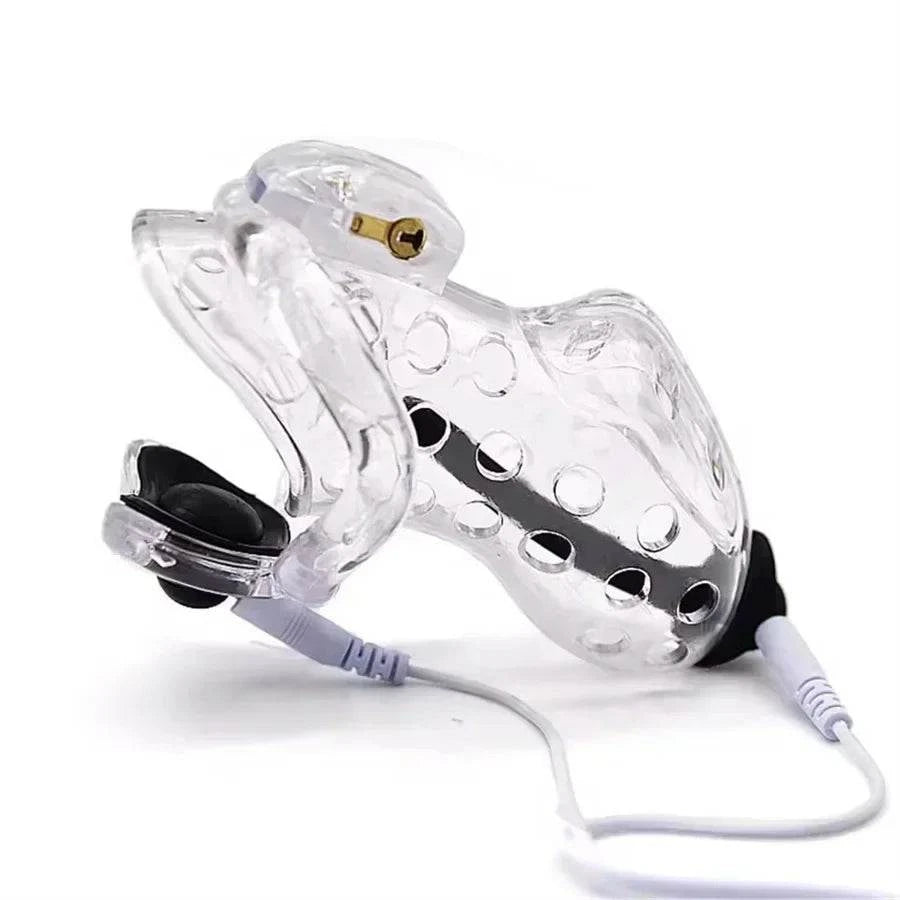 Electric shock plastic cage chastity device with ball lock and cock ring for male restraint and electrostimulation