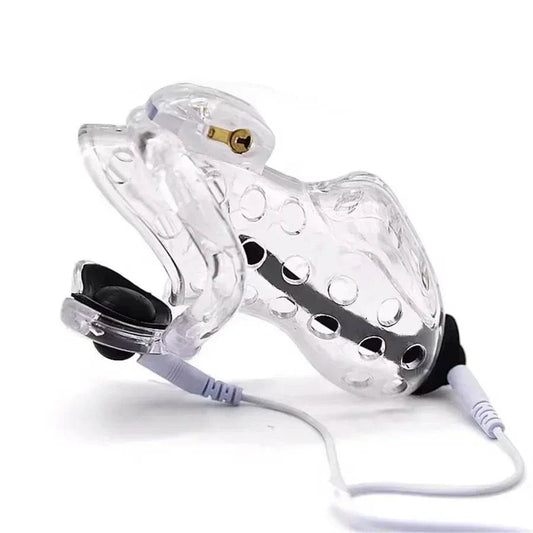 Electric shock plastic cage chastity device with ball lock and cock ring for male restraint and electrostimulation