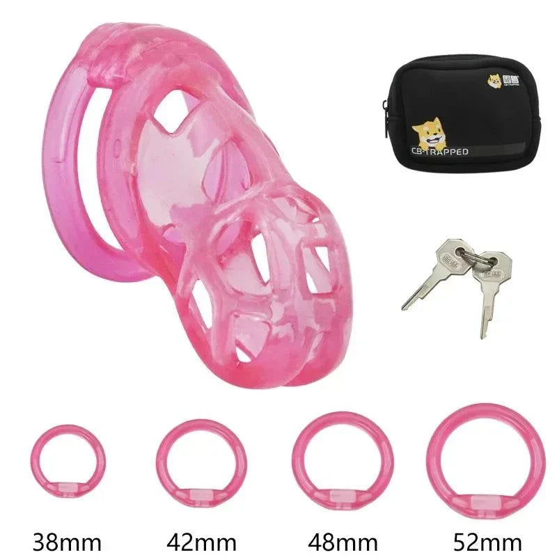 Soft silicone chastity cage with adjustable locking rings in multiple sizes, included keys, and discreet storage pouch