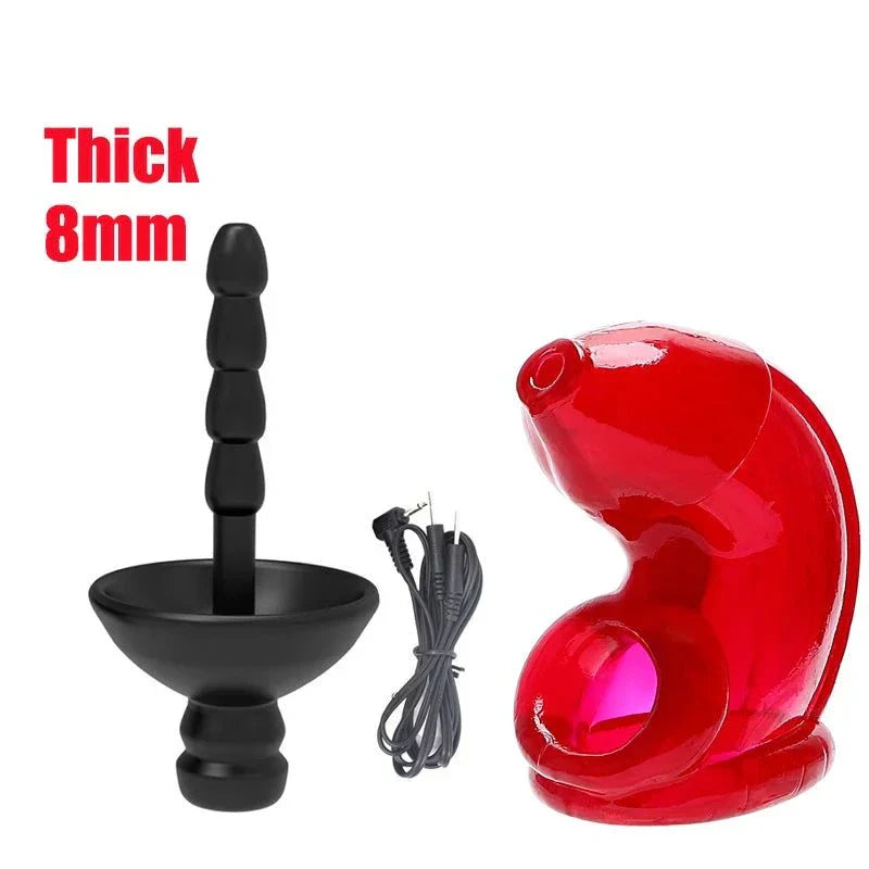 Electric shock penis plug and red chastity cage with urethral dilator and electro stimulator accessories