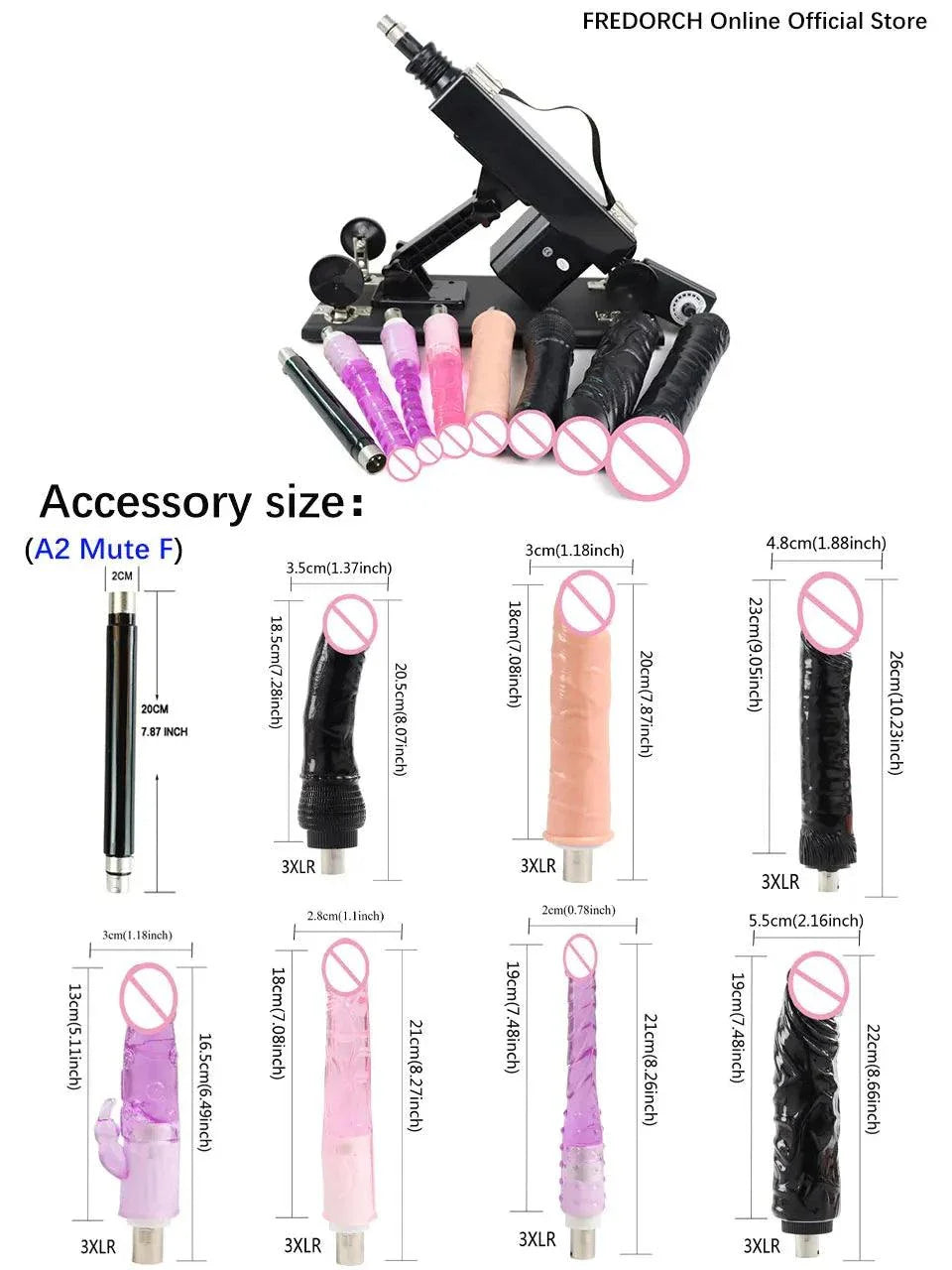 Automatic sex machine with adjustable thrust and multiple silicone dildo attachments in various sizes and colors.