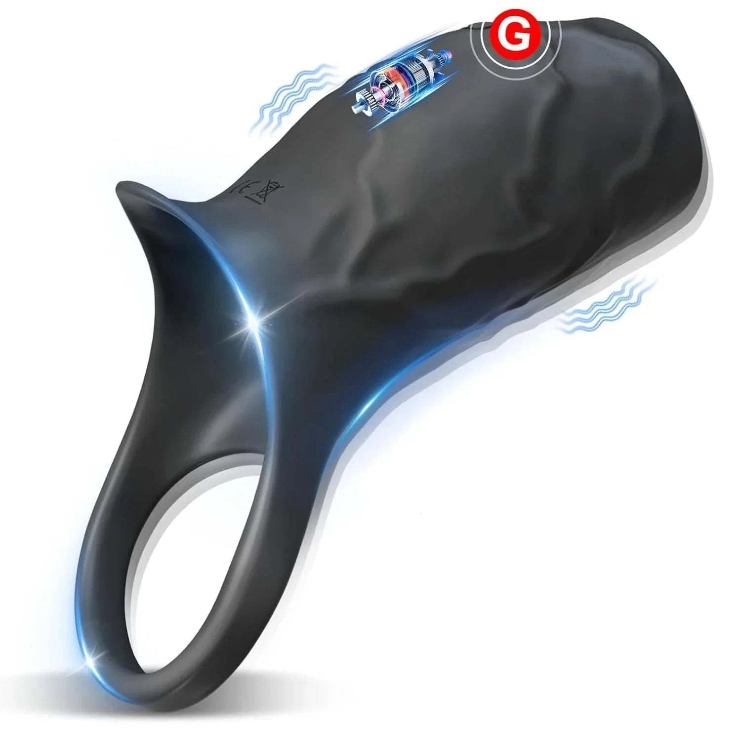 Black vibrator penis sleeve and cock ring with G-spot and testicle stimulator for couples' pleasure and ejaculation extension