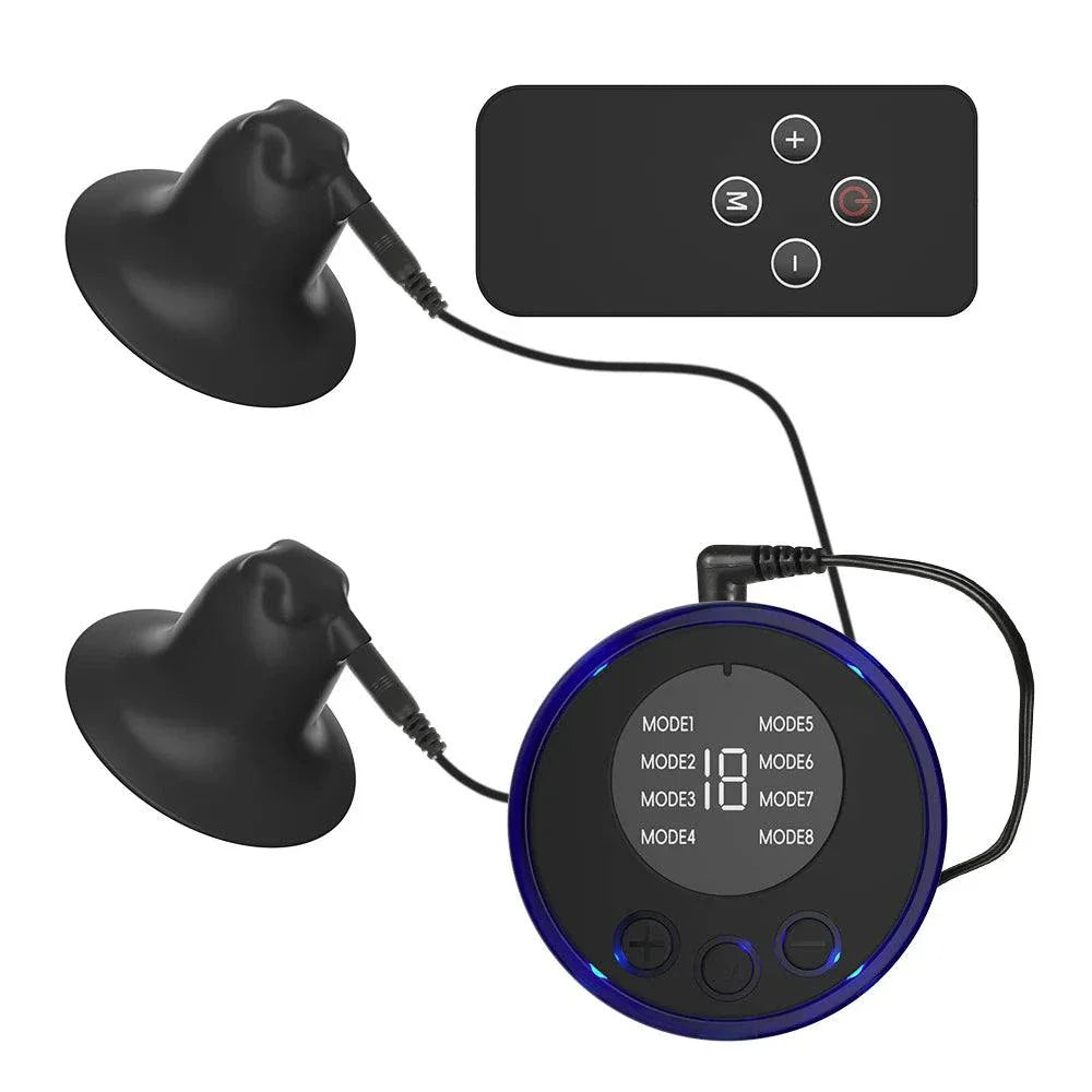 Electric shock nipple clamps with remote control and mode settings for breast and body stimulation.