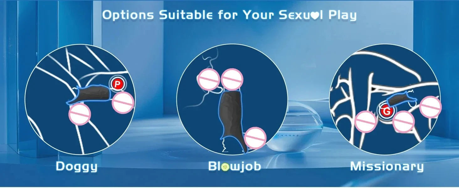 Diagram showing vibrator penis sleeve and cock ring ejaculation extender used in doggy, blowjob, and missionary positions for sexual play