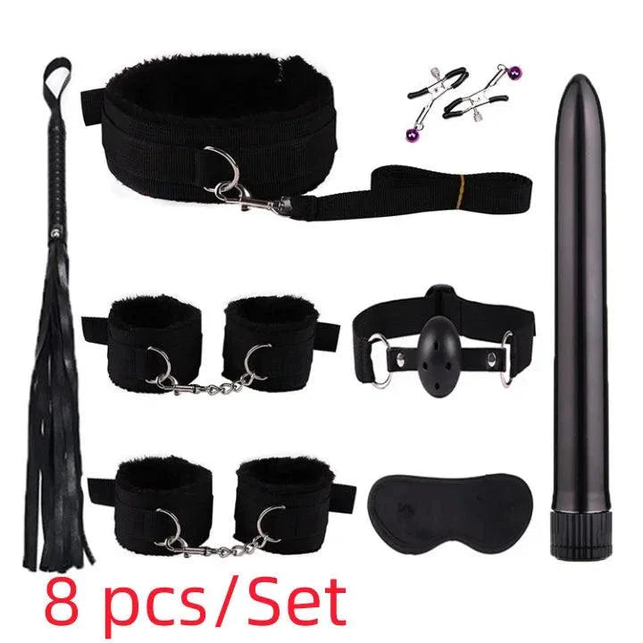 Plush & Nylon BDSM Kit with cuffs, whip, blindfold, nipple clamps, vibrator, and adjustable soft bondage restraints