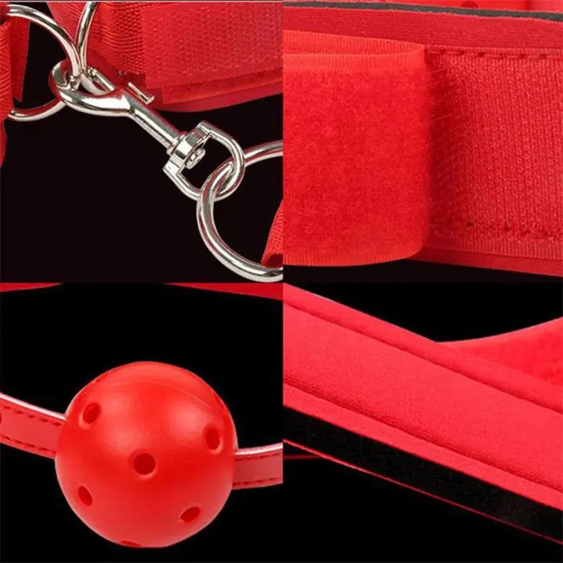 All-in-One 18-Piece Bondage & Strap-On Kit with red adjustable harness, hand and leg restraints, and ball gag accessory