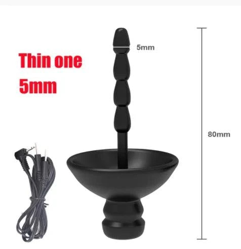 Varied Electro-Shock Penis Ring with 5mm urethra stimulator and connecting cables, 80mm length, black electrostimulation cock ring and prostate stimulator.