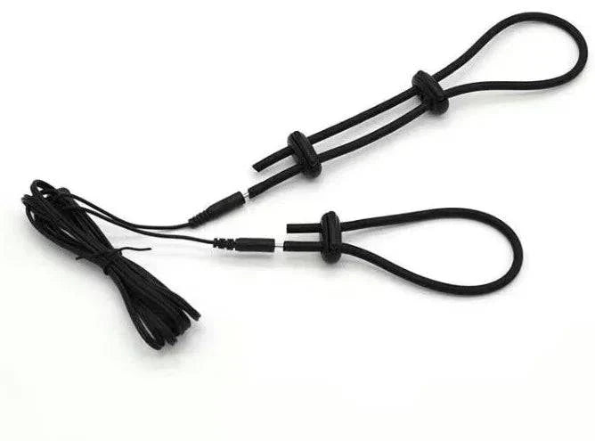 Varied Electro-Shock Penis Ring with adjustable loops and connection wires for electro-stim pleasure and prostate, urethra stimulation.