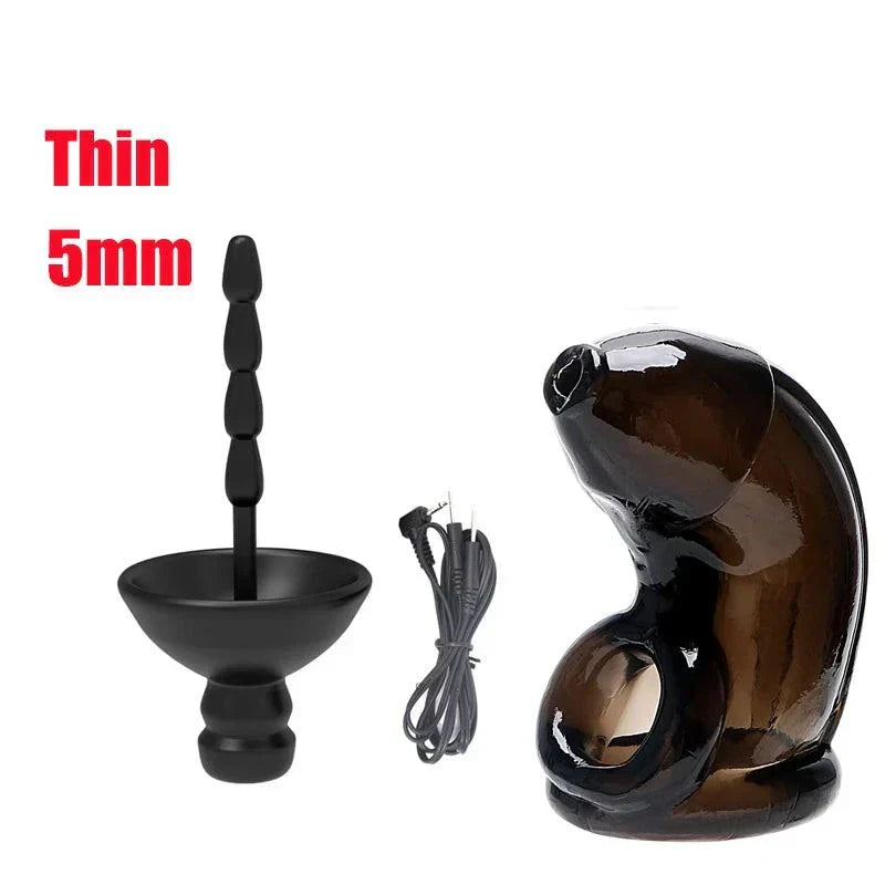 Electric shock penis plug and chastity cage with urethral dilator and cock ring electro stimulator set