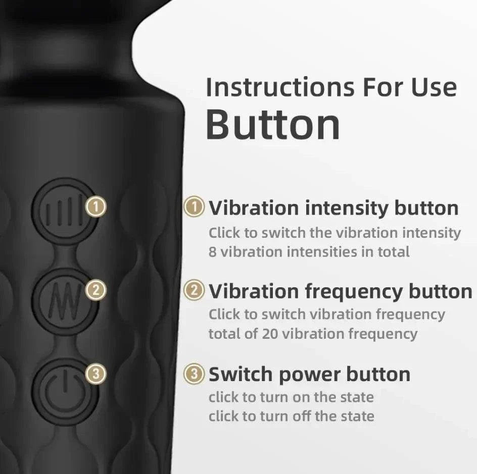 20-Speed Powerful AV Vibrator with adjustable intensity, frequency buttons, and power switch for G-spot, clitoral, and nipple stimulation.