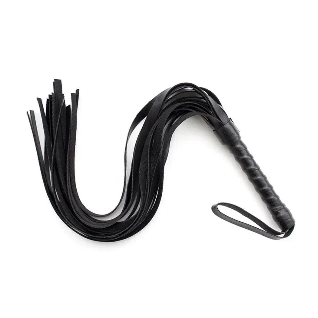 Black faux leather whip riding crop for BDSM impact play with a wrapped handle and multiple flexible tails