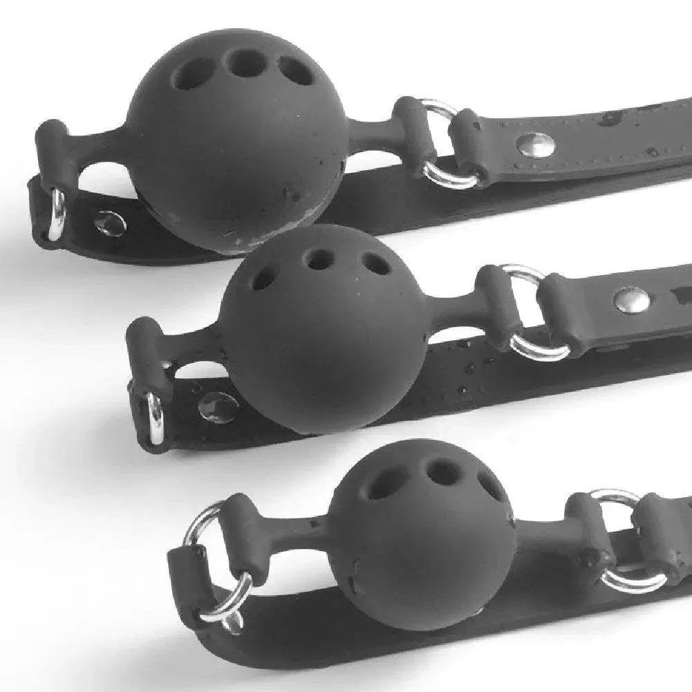 Breathable silicone ball gag with adjustable leather straps for safe bondage play