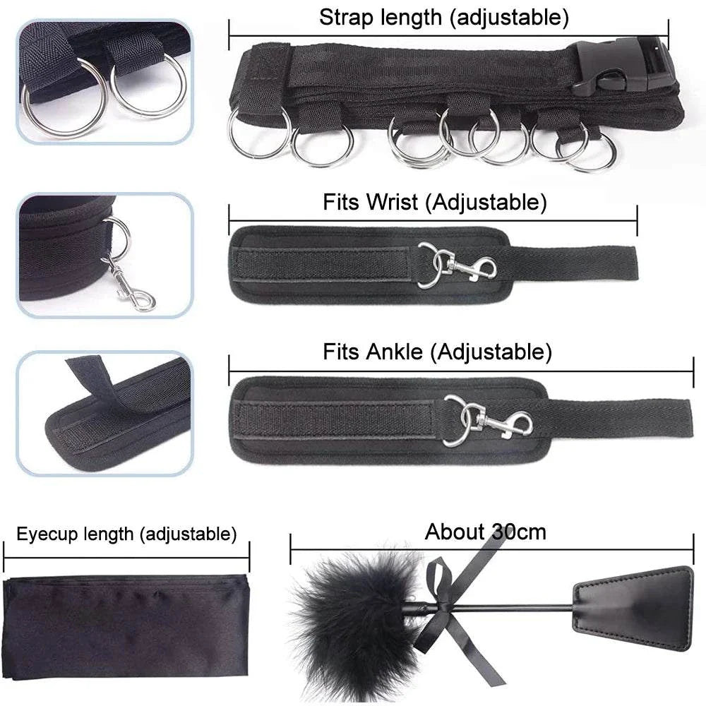 Couples BDSM Bondage Set adjustable wrist and ankle restraints, mask, feather tickler, and handcuffs.