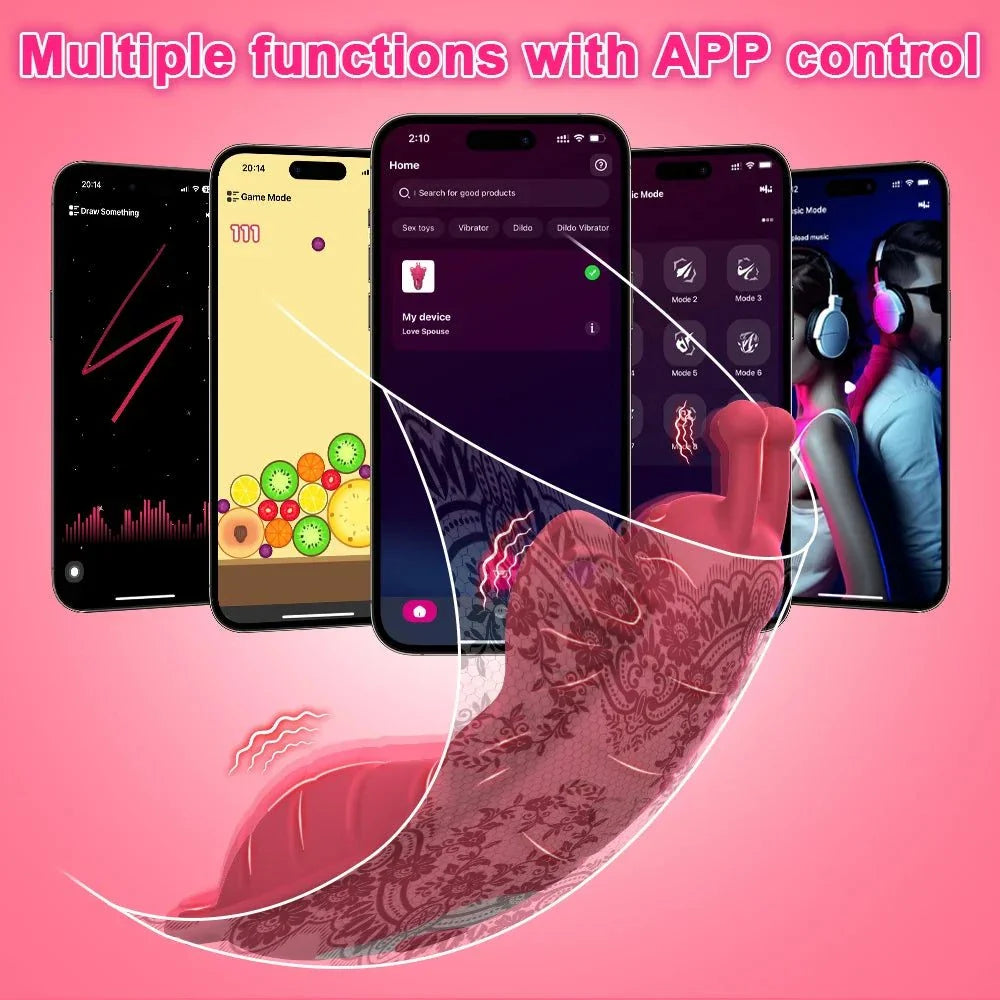 Wireless app wearable panty vibrator with clitoral stimulator and penis ring set shown with smartphone control screens