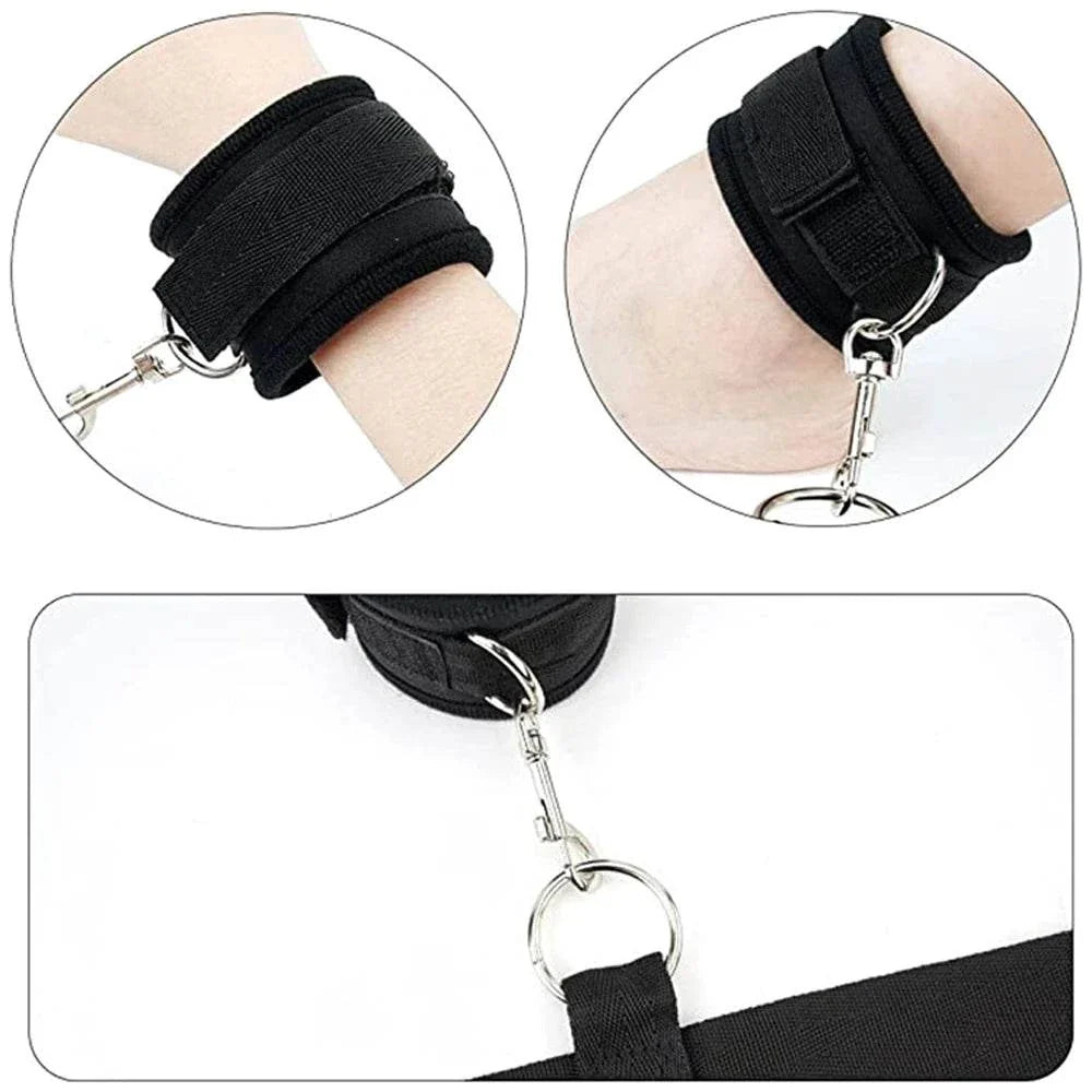 Couples BDSM Bondage Set black wrist and ankle restraints with metal clips and rings