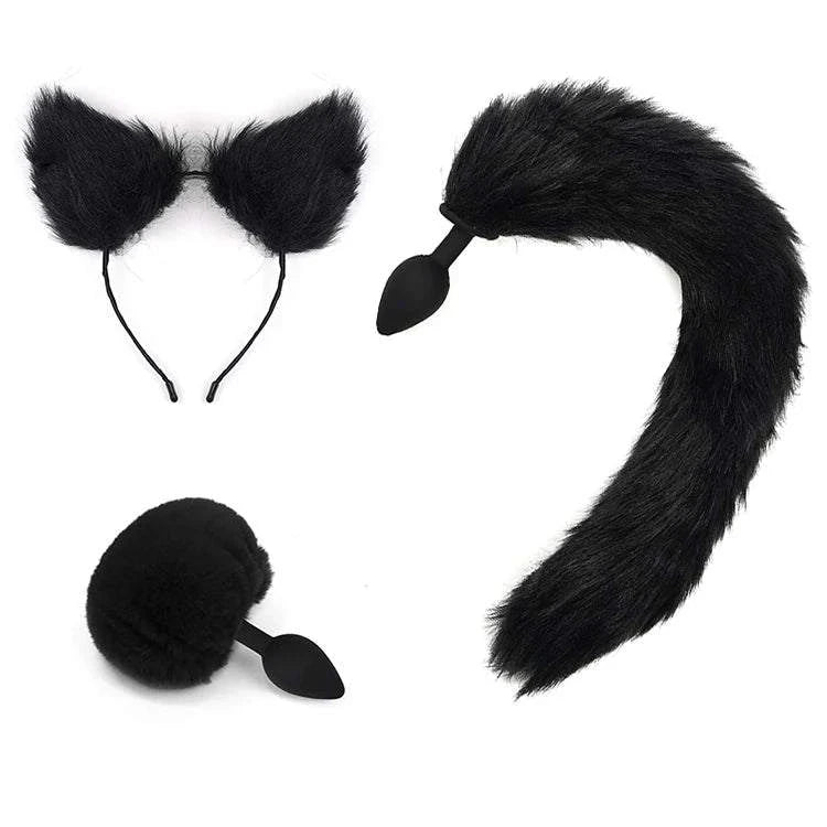 Couples BDSM bondage set with cat ears headband, feather tickler, and tail plug accessories