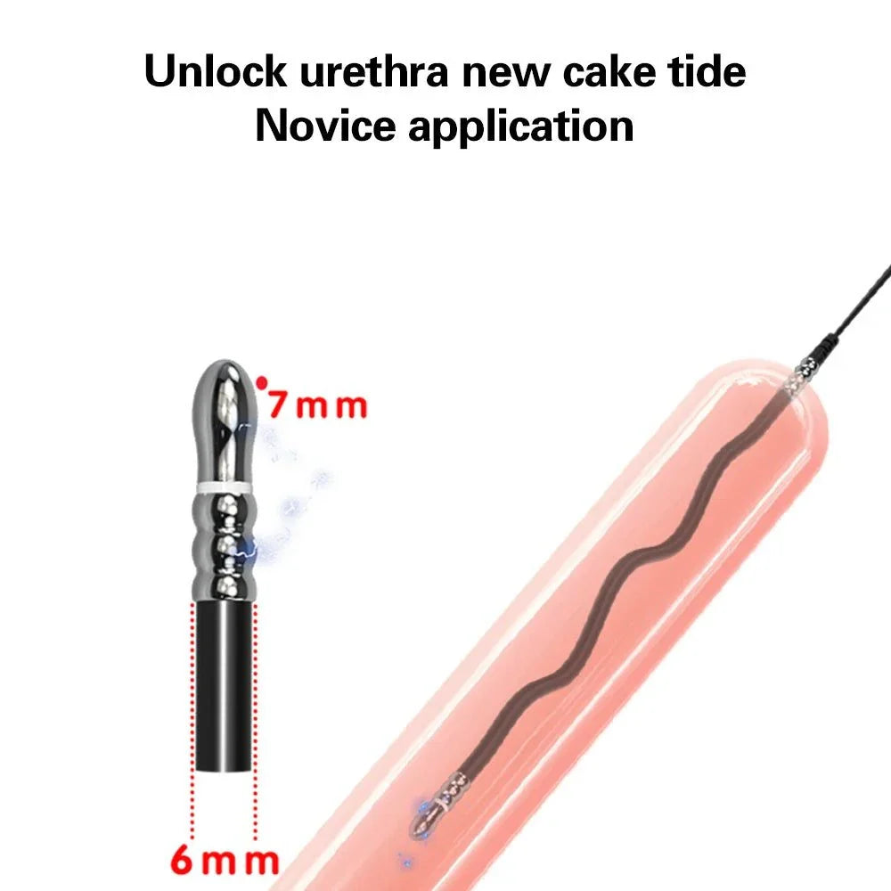 Electric shock stimulator anal plug and urethral sounding set for men, medical-grade e-stim exerciser with 7mm plug and 6mm sounding rod.