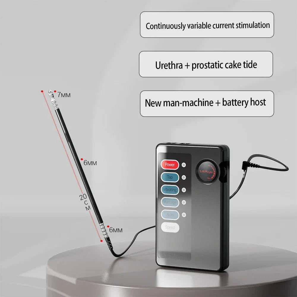 Medical-grade electric shock stimulator with urethral sounding and adjustable current control for men