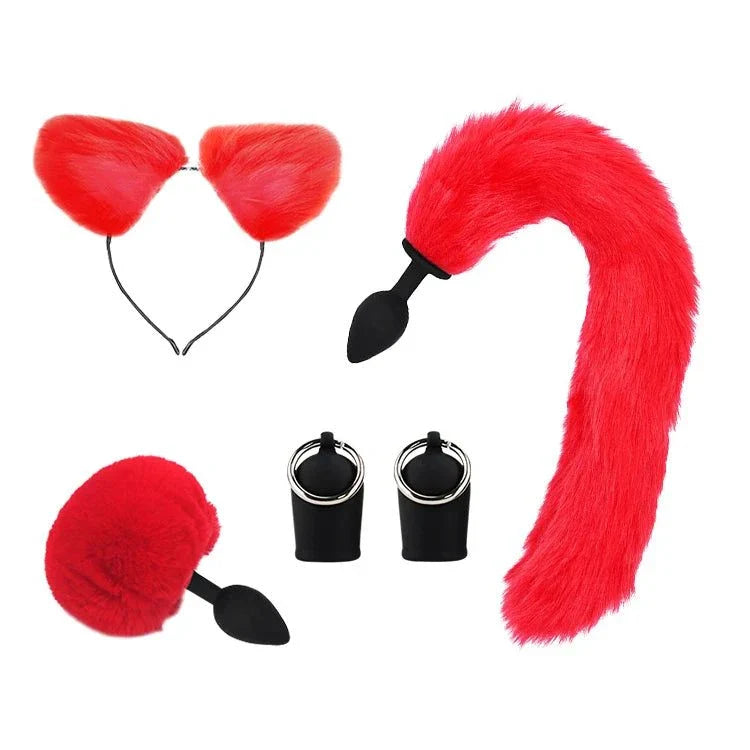 Couples BDSM Bondage Set with red furry mask, feather tickler, handcuffs, and ankle restraints for intimate roleplay