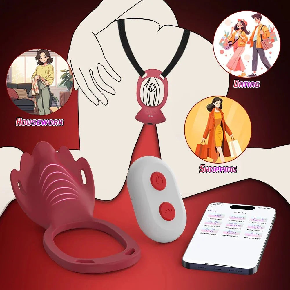 Wireless App Wearable Panty Vibrator with clitoral stimulator, penis ring, and smartphone control for discreet intimate play